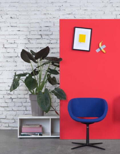 bildstadt – Hali Imagefotografie rote Wand mit blauem Sessel